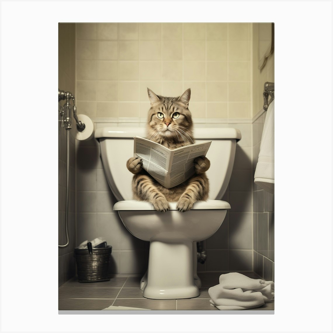 Cat Sat On The Toilet Reading A Newspaper Bathroom Canvas Print by NordicDesignHouse