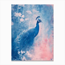 Peacock In The Meadow Cyanotype Inspired Canvas Print