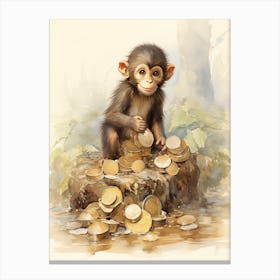 Monkey Painting Collecting Coins Watercolour 3 Canvas Print