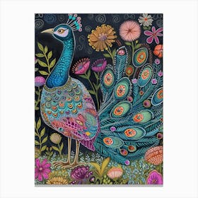 Folky Floral Peacock At Night 2 Canvas Print