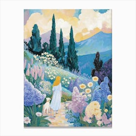 Girl Walking Dog In The Garden Colorful Canvas Print