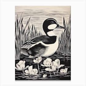 B&W Bird Linocut Bufflehead 3 Canvas Print