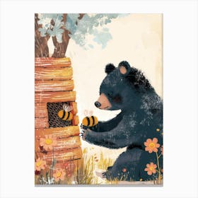 American Black Bear Cub Playing With A Beehive Storybook Illustration 1 Canvas Print