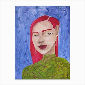 Acrylic painting of a woman with red hair on a blue background Canvas Print