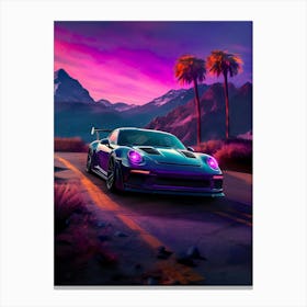 Synthwave aesthetic sport car with palms [synthwave/vaporwave/cyberpunk] — aesthetic poster, retrowave poster, vaporwave poster, neon poster 1 Canvas Print