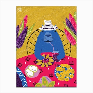 Blue Capybara Having A Colombian Meal Canvas Print