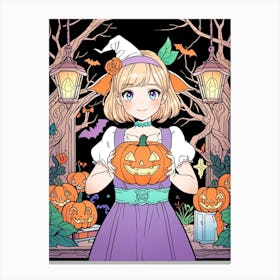 Halloween Girl Holding Pumpkins Canvas Print