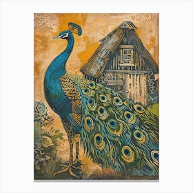 Blue Mustard Peacock By A Cottage Linocut Inspired 3 Canvas Print