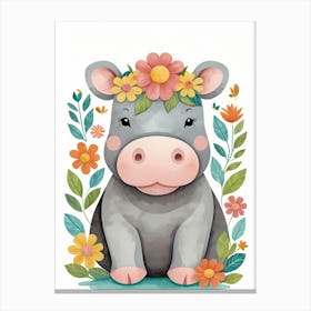 Floral Baby Hippo Nursery Illustration (4) 1 Canvas Print
