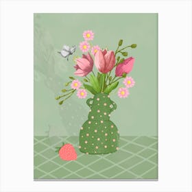 Pink flowers In Green Vase With Strawberry Canvas Print