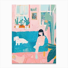 Girl In The Sofa With Pets Tv Lo Fi Kawaii Illustration 2 Canvas Print