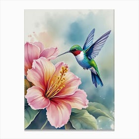 Hummingbird & Flower, Wall Art Style In Watercolo Canvas Print