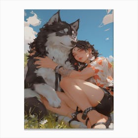 Girl With Husky Canvas Print