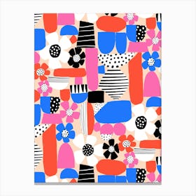 Pink, Blue, Red Floral Paper Cut Out and Doodle Mod Art Collage Canvas Print