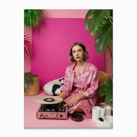 Girl With A Record Player Canvas Print