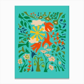 DAYDREAM IN THE GARDEN Happy Birds Flying in the Sky Above Colourful Flowers with Sun and Clouds Canvas Print