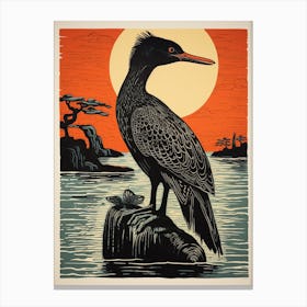Vintage Bird Linocut Cormorant 2 Canvas Print