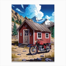 Anime Canvas Art: Rustic Red Cabin with Snow-Capped Mountains, Blue Sky, and Classic Motorcycle, Perfect for Lofi Aesthetic and Mountain Adventure Lovers. Canvas Print