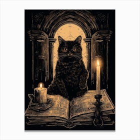 A Spooky Black Cat Reading A Book With Candles 2 Canvas Print