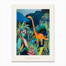 Colourful Dinosaur In The Jungle Leaves Painting 1 Poster Canvas Print