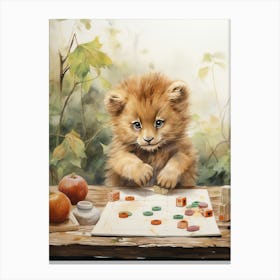 Playing Games Watercolour Lion Art Painting 3 Canvas Print