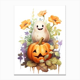 Cute Ghost With Pumpkins Halloween Watercolour 88 Canvas Print