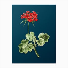 Vintage Scarlet Geranium Botanical Art on Teal Blue Canvas Print