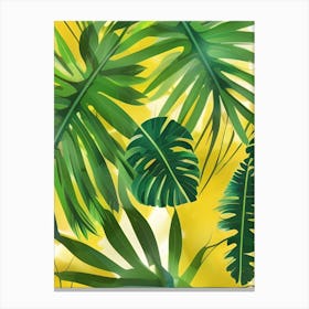 Yellow Background Jungle Tropical Oils Style Leaves Flora Rainforest Canvas Print