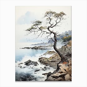 Shiretoko Peninsula In Hokkaido, Japanese Brush Painting, Ukiyo E, Minimal 3 Canvas Print