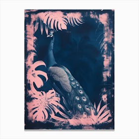 Peacock In The Leaves Cyanotype Inspired 1 Canvas Print