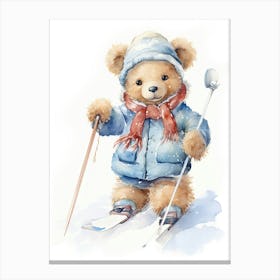 Skiing Teddy Bear Painting Watercolour 1 Canvas Print