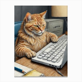 Orange Cat On Computer Canvas Print