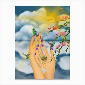 Harmony - Hummingbirds and Blossoms in Hands Canvas Print