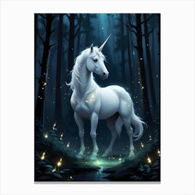 White Unicorn With Glowing Markings Stands In An Enchanted Forest At Night, Surrounded By Fireflies Canvas Print