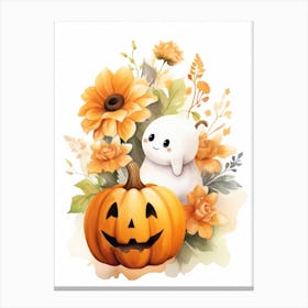 Cute Ghost With Pumpkins Halloween Watercolour 155 Canvas Print