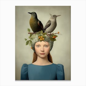 Birds On A Girl'S Head Canvas Print