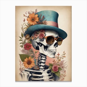 Vintage Floral Skeleton With Hat And Sunglasses (82) Canvas Print