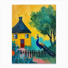 Peacock By A Thatched Cottage Textured Painting 3 Canvas Print