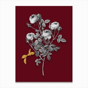 Vintage Burgundian Rose Black and White Gold Leaf Floral Art on Burgundy Red n.0113 Canvas Print