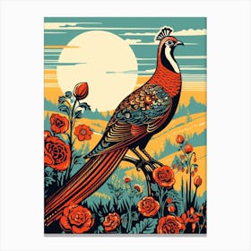 Vintage Bird Linocut Pheasant 2 Canvas Print