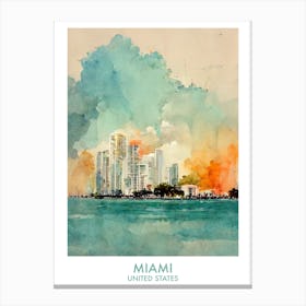 Miami Watercolour Travel Canvas Print