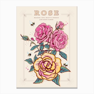 June Birth Flower Rose On Cream Canvas Print