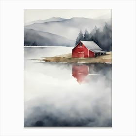 Red Barn By The Lake Canvas Print