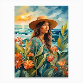 Bohemian Woman In A Hat Orange Flowers Marigold Aqua Sunset Sunrise Canvas Print