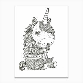 Unicorn On A Smart Phone Black & White Doodle Canvas Print