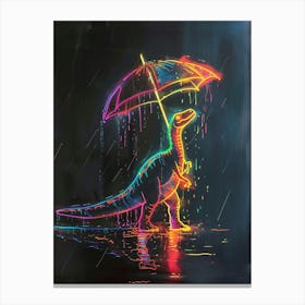 Neon Dinosaur With Umbrella In The Rain 3 Canvas Print