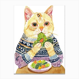 Cute Tan Cat Eating A Salad Folk Illustration 2 Canvas Print