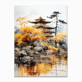 Kinkaku Ji (Golden Pavilion) In Kyoto, Japanese Brush Painting, Ukiyo E, Minimal 3 Canvas Print