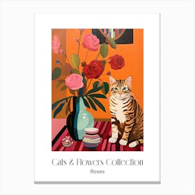 Cats & Flowers Collection Rose Flower Vase And A Cat, A Painting In The Style Of Matisse 2 Canvas Print