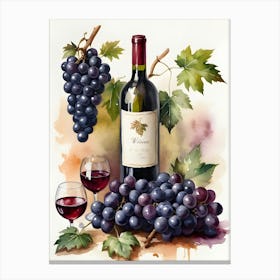 Vines,Black Grapes And Wine Bottles Painting (8) Canvas Print